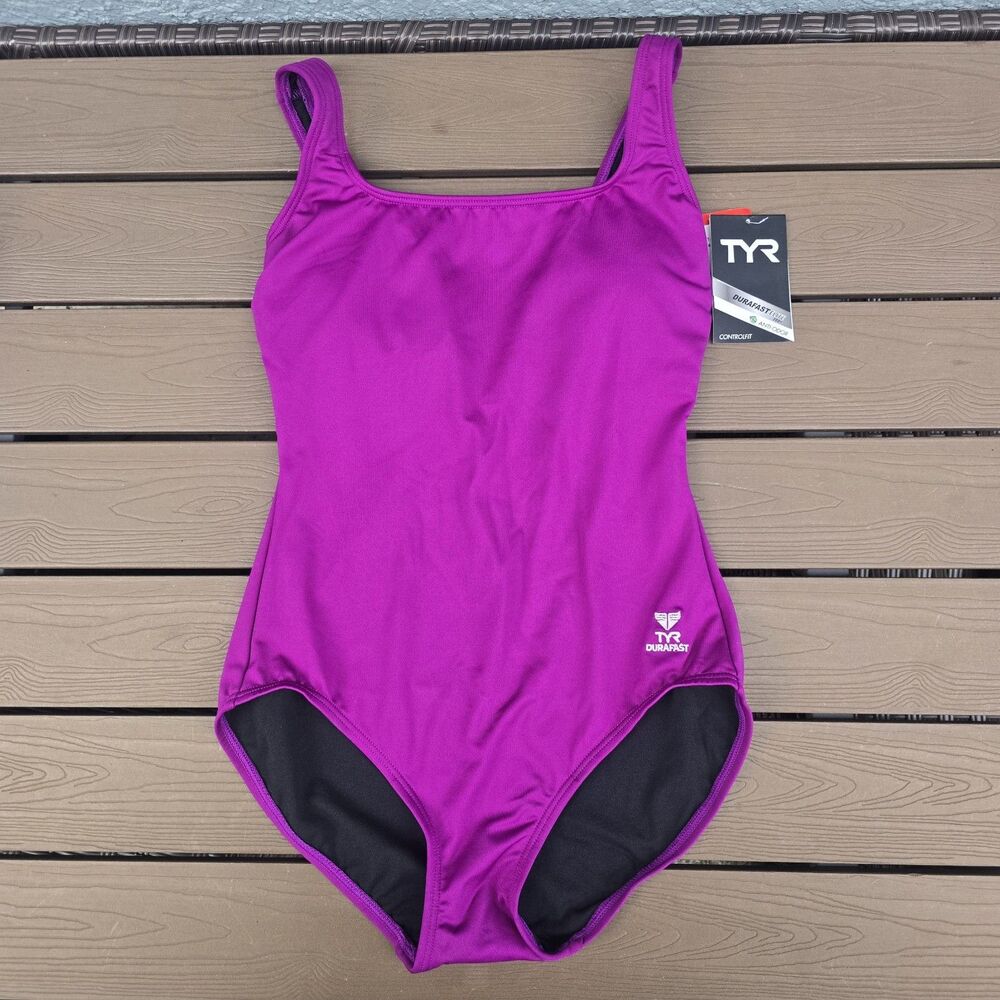 TYR Women's Durafast Elite Solid Purple Square Neck Controlfit Swim Sz 8 NEW